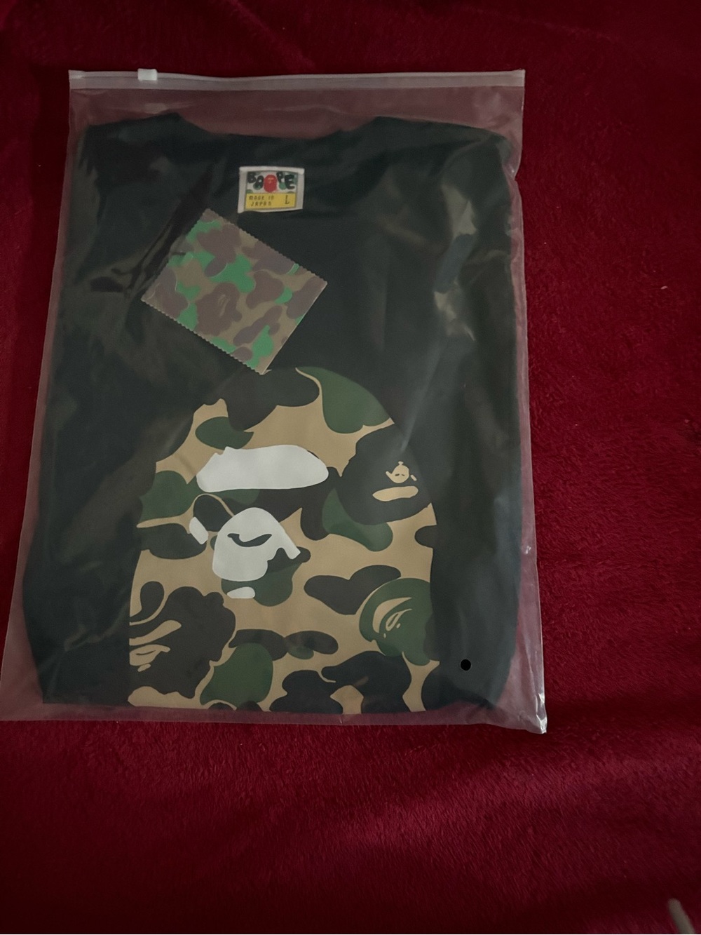 Bape Black Tee with Green & Tan Camo Ape Head Graphic